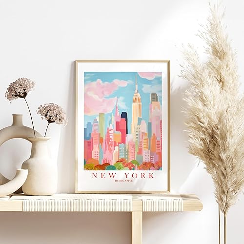 Miniatura 6 de ColorAndFlair Póster retro de viaje de Nueva York con diseño de horizonte rojo, rosa y naranja, pintura de paisaje de recuerdo de la gran manzana