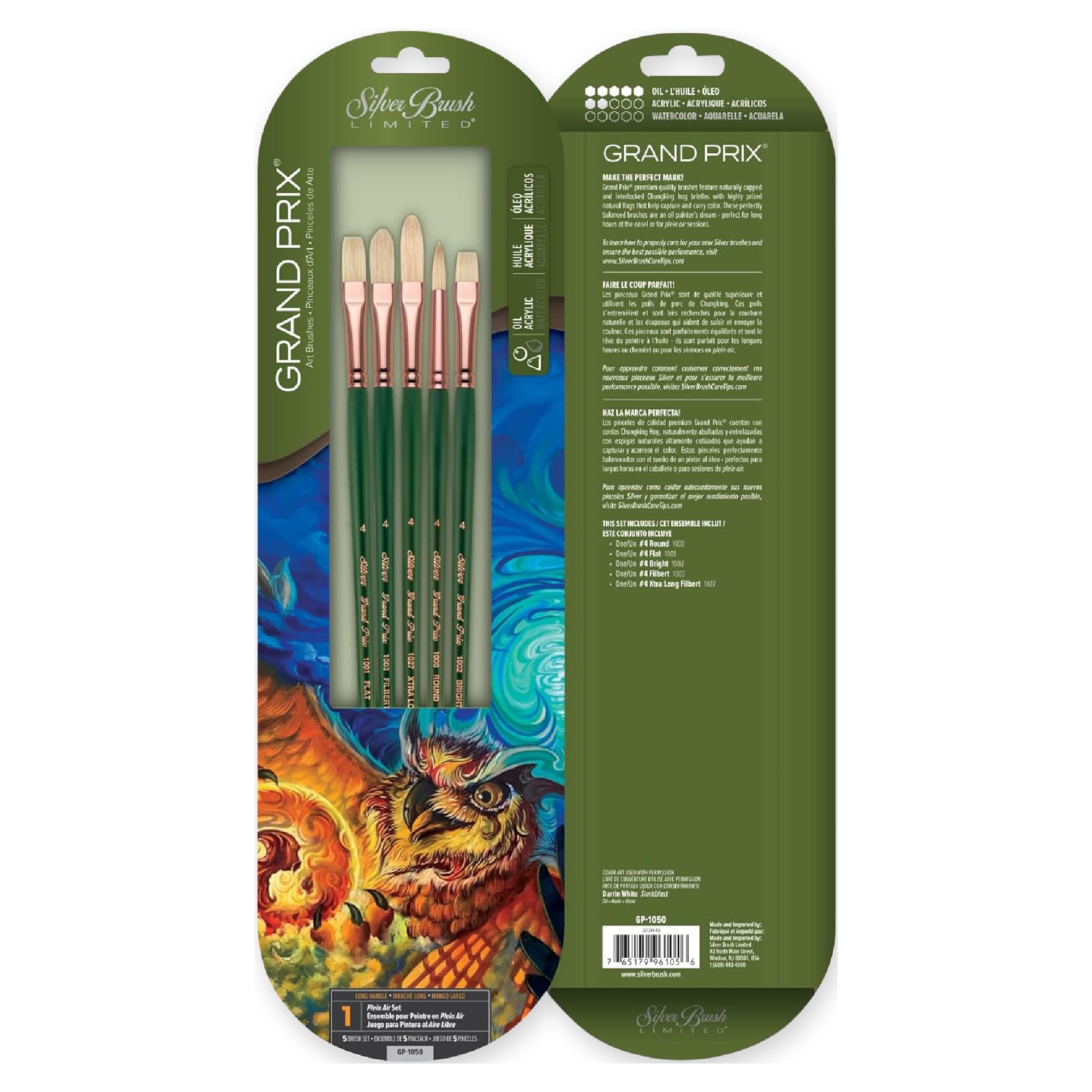 Silver Brush Limited GP-1050 Grand Prix Lot de 5 pinceaux ronds plats et brillants Filbert Taille 4 Manche long