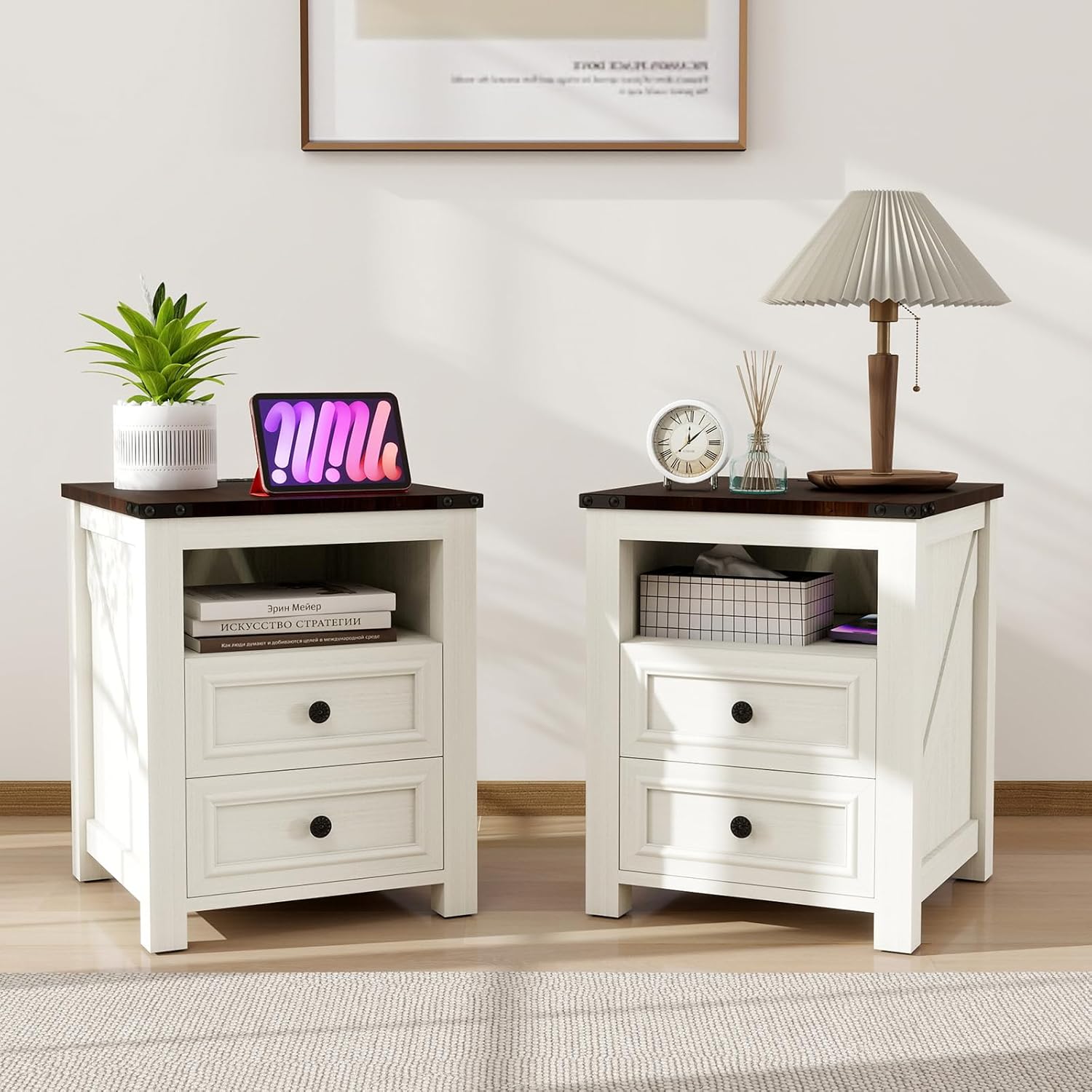MUUEGM 18" Farmhouse Night Stand with Charging Station Antique White End Table for Living Room with 2 Drawers Bed Side Table Cabinet Wooden Nightstand for Bedroom Bedside Table,Set of 1