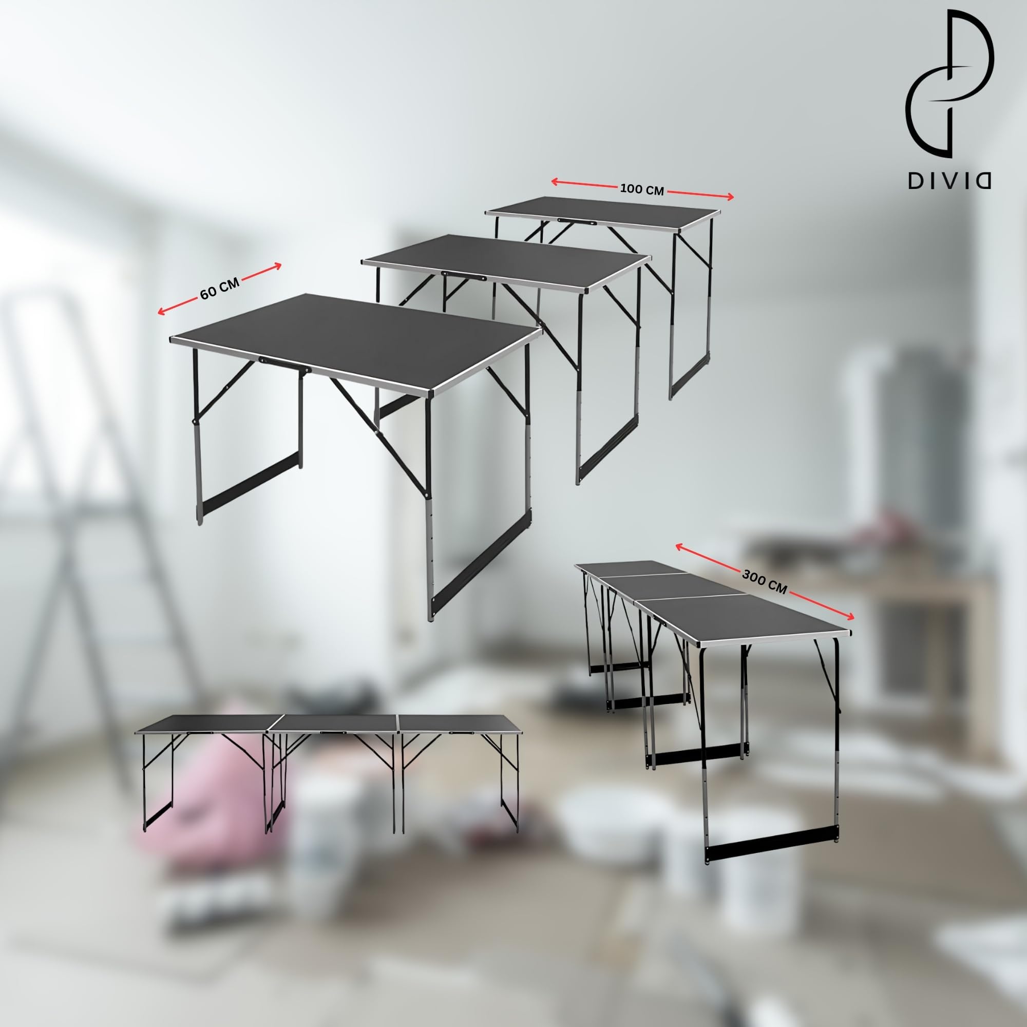 DIVID® Multifunktionstische 3-Teiliges Set, 100x60cm, Tapeziertisch 30 kg Tragkraft je Tisch, Klapptisch, Campingtisch, Flohmarkttisch, Beistelltisch, Mehrzwecktisch, Höhenverstellbar, Mahlertisch
