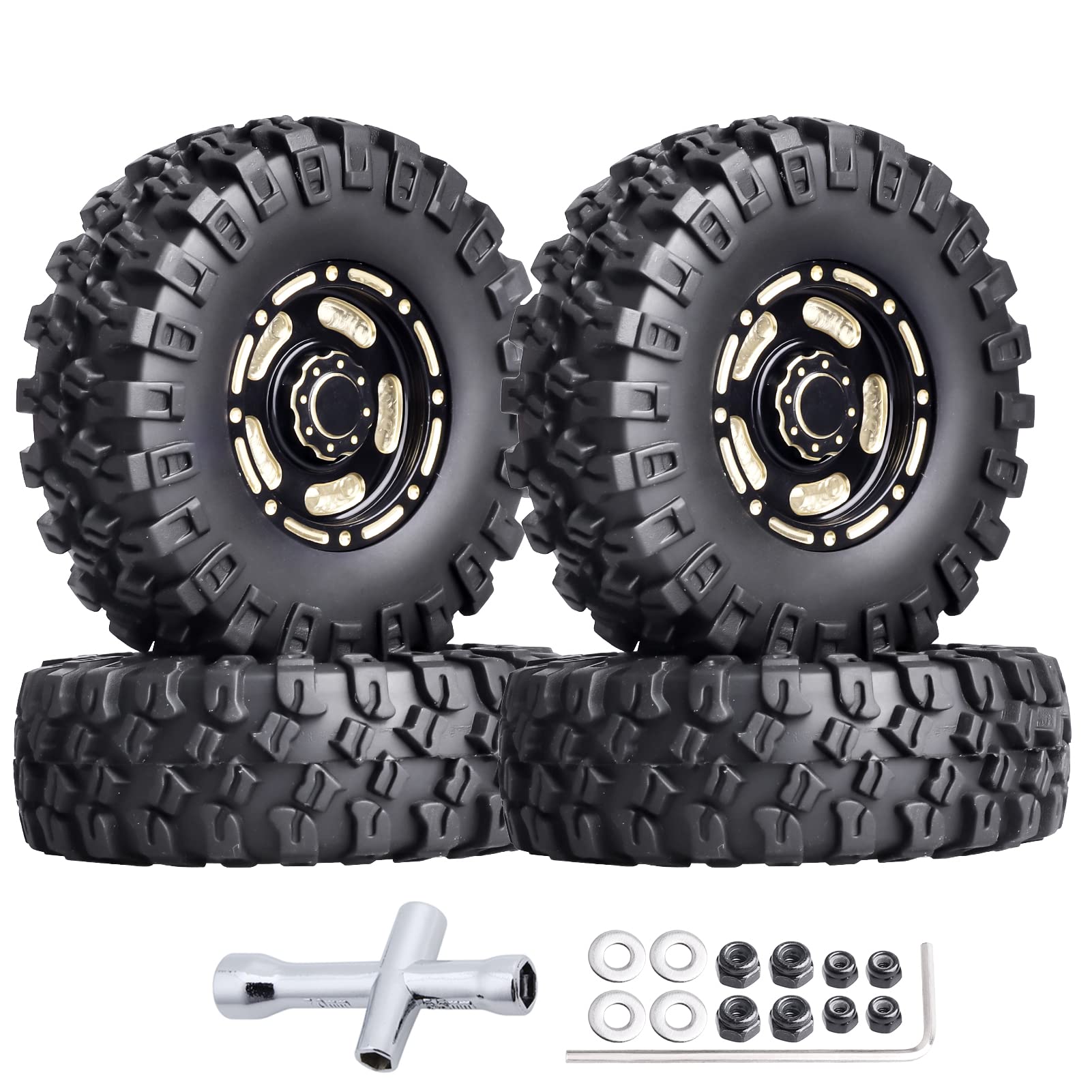HobbyPark Brass 1.0 Beadlock Wheels & Tires for 1/18 TRX4M Upgrades Parts 1/18 SCX24 1/24 RC Crawler Replacement, Set of 4 (Type B)