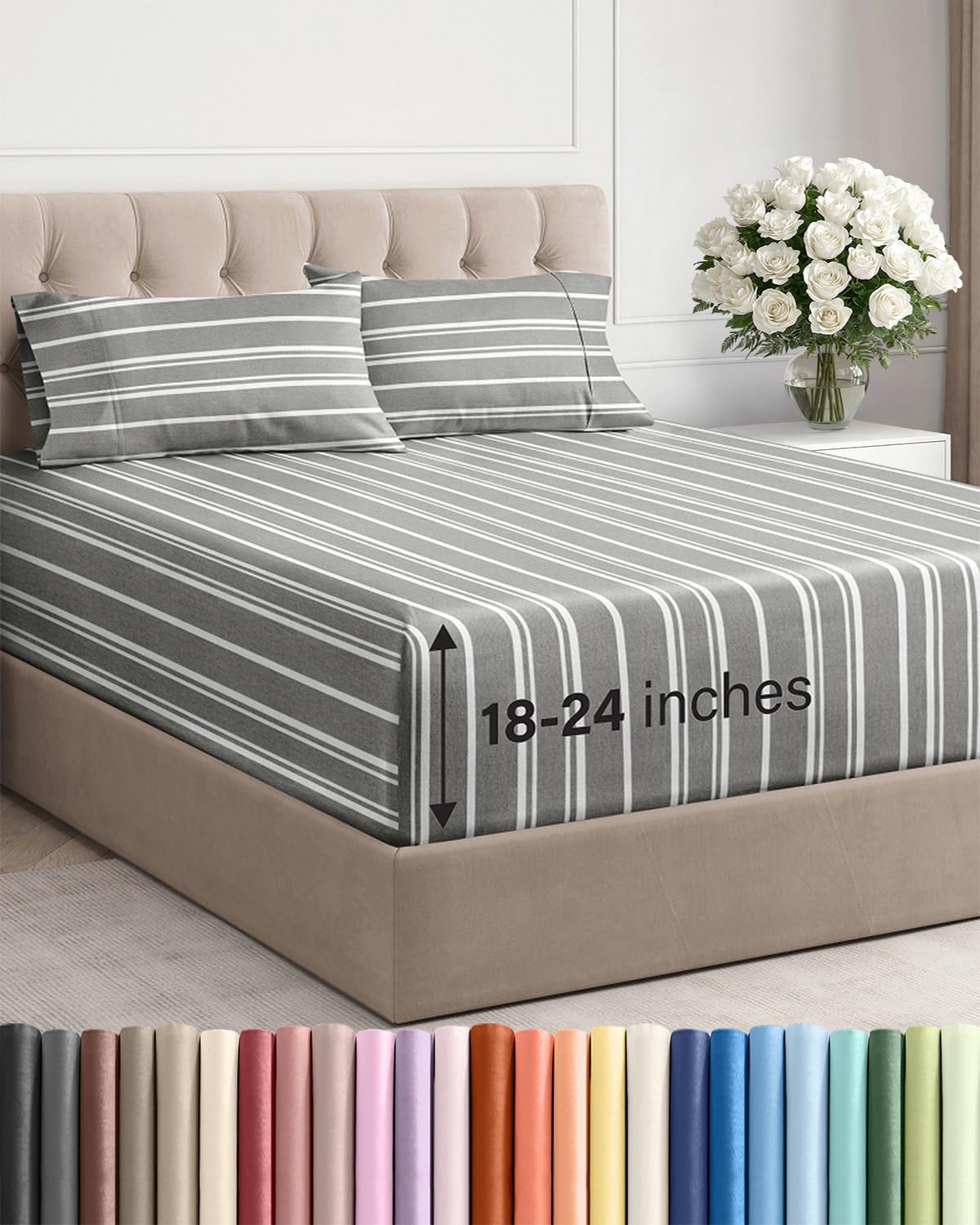 CGK Extra Deep Twin Sheet Set - 4pc Cooling Sheets - Grey Stripes