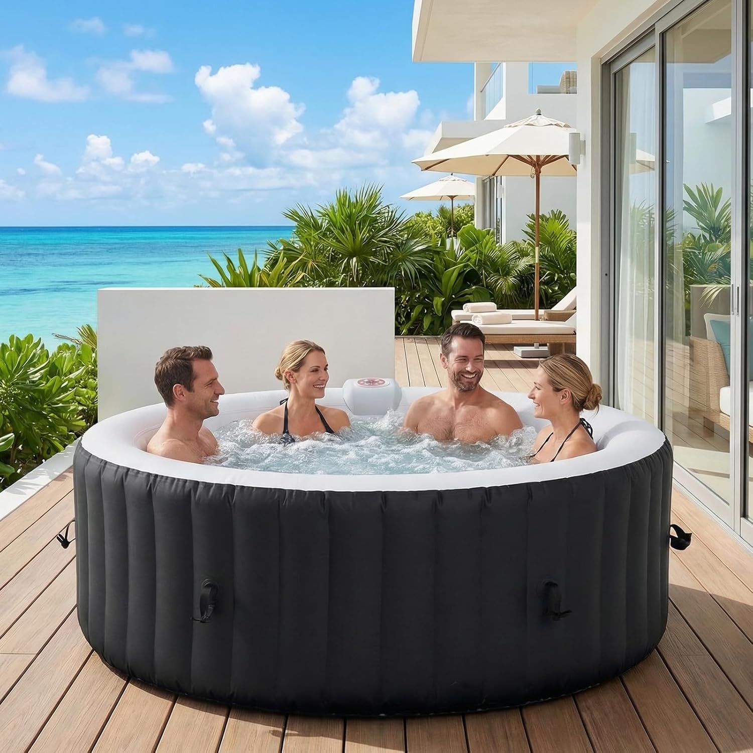 82" Inflatable Hot Tub 4-6 Person, Round Portable Outdoor Spa with 130 Soothing Air Jets, Heater Pump, Insulated Cover and Filter System, Blow Up PVC Hot Tub for Backyard, Patio, Black
