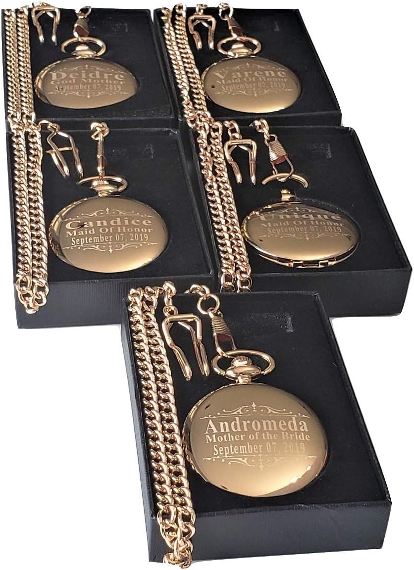 8 Custom Engraved Pocket Watches - 8 Gift Set for Weddings - Groomsmen Personalized Watches with Chain and Box Included - Engraving Included