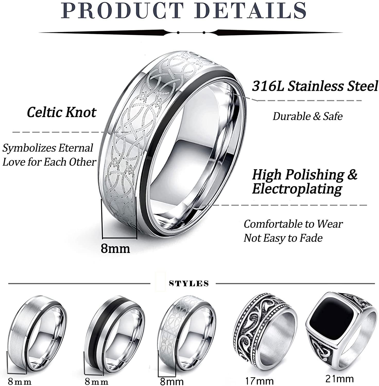 JeweBella 7-częściowy Sygnet męski ze stali nierdzewnej matowy srebrny polerowany Celtycki węzeł Vintage Biker Ring Duży klasyczny czarny męski zestaw Gothic Grawerowanie Sygnet dla mężczyzn