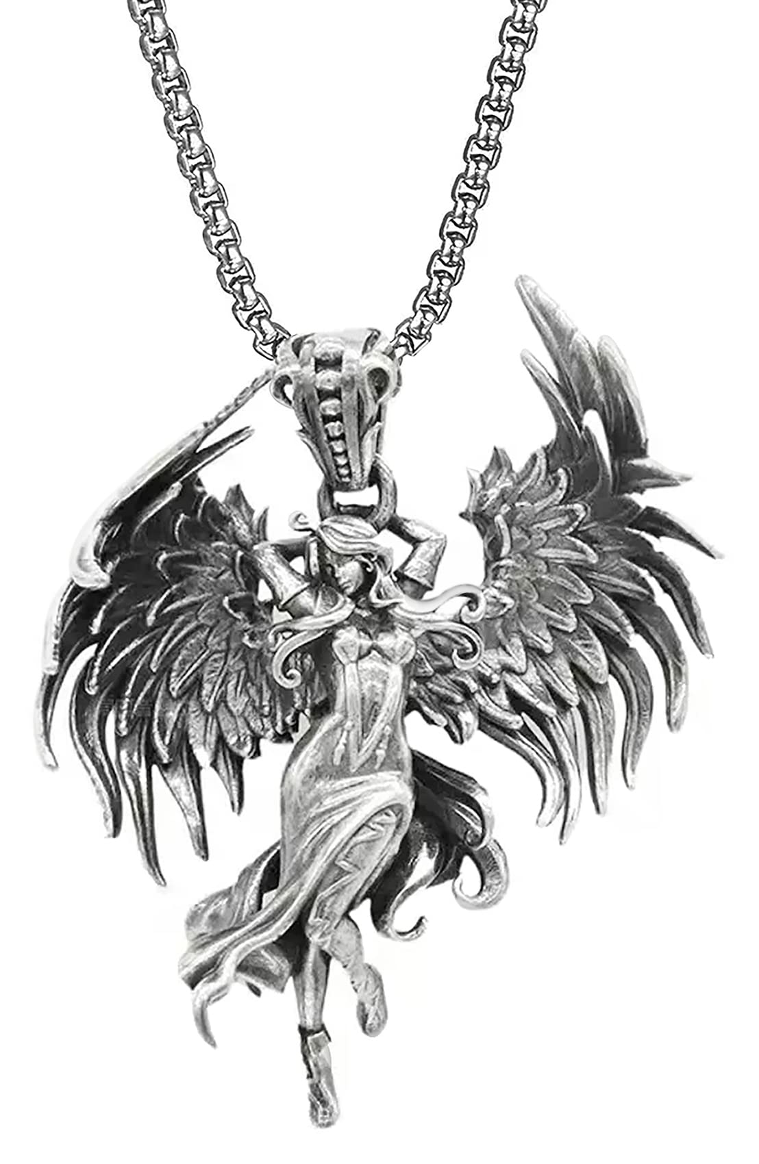 Bijoux de Ja Rhodium-Plated Egyptian ISIS Goddess 3D Angle Wing Figurine Pendant Box Chain Necklace 22-24 Inches
