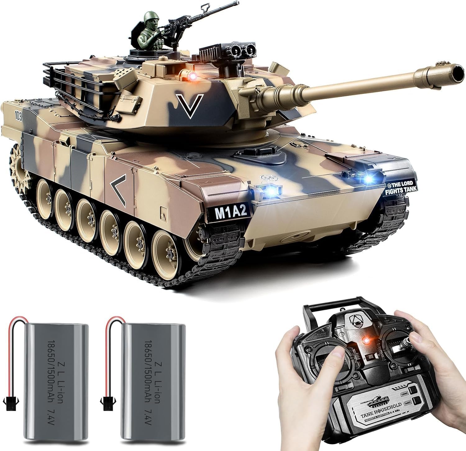 1:18 RC Tank, 2.4Ghz US M1A2 Remote Control Tank Model Toys, 15 Channel Battle Army Tank with Smoke Effects, Light and Sound, RC Military Truck for Adults and Kids That Shoots BBS, Water Bombs