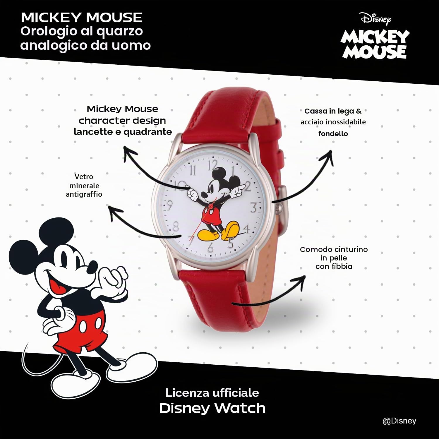 Disney Mickey Mouse Cardiff - Orologio analogico al quarzo con lancette articolate, per adulti, con cinturino in pelle