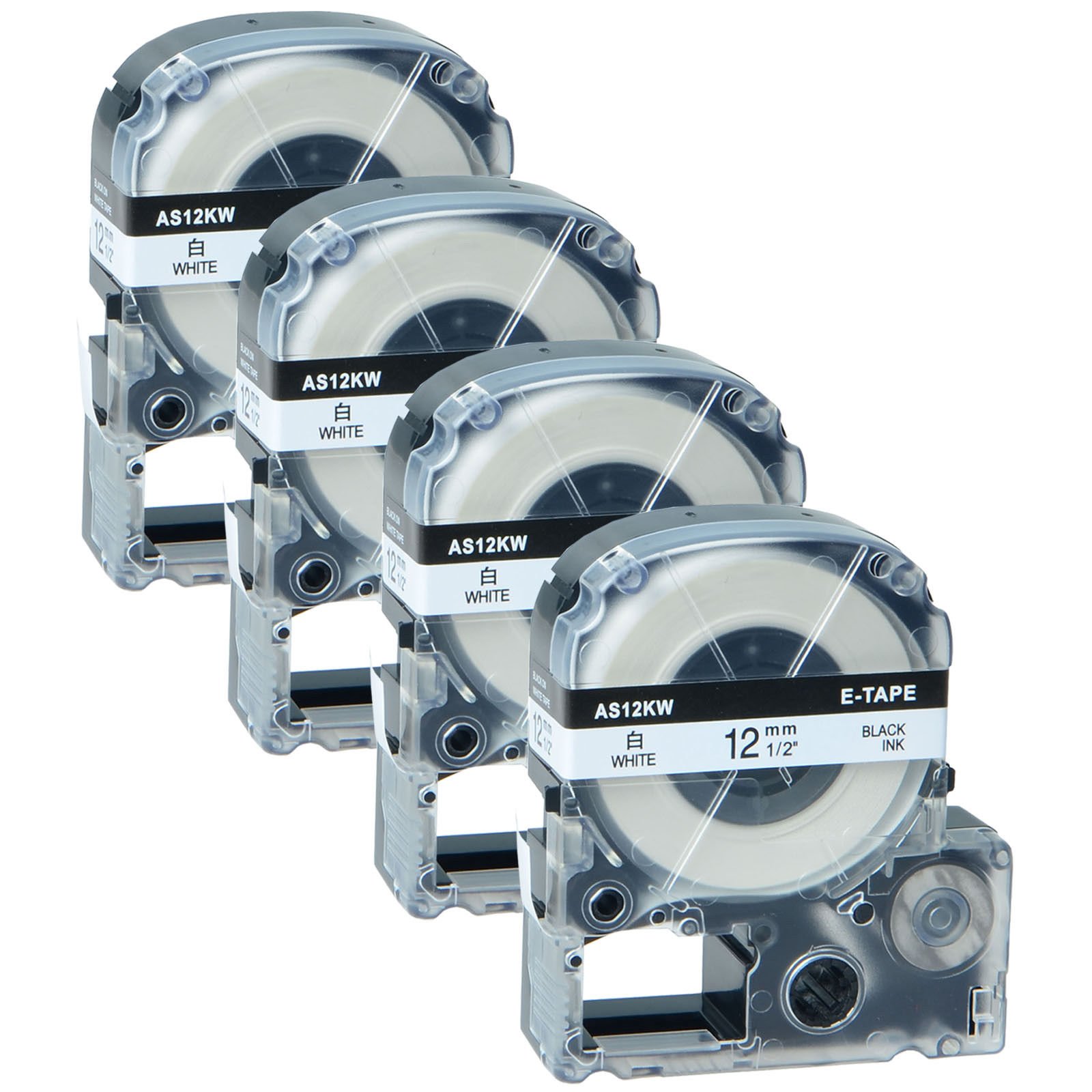 GREENCYCLE 4 Pack Compatible Epson LabelWorks Standard LK (Replaces LC) Label Tape LK-4WBN LC-4WBN9 AS12KW Black on White for LW-400 LW-700 LW-1000P Labelworks (1/2" 26ft, 12mm x 8m)