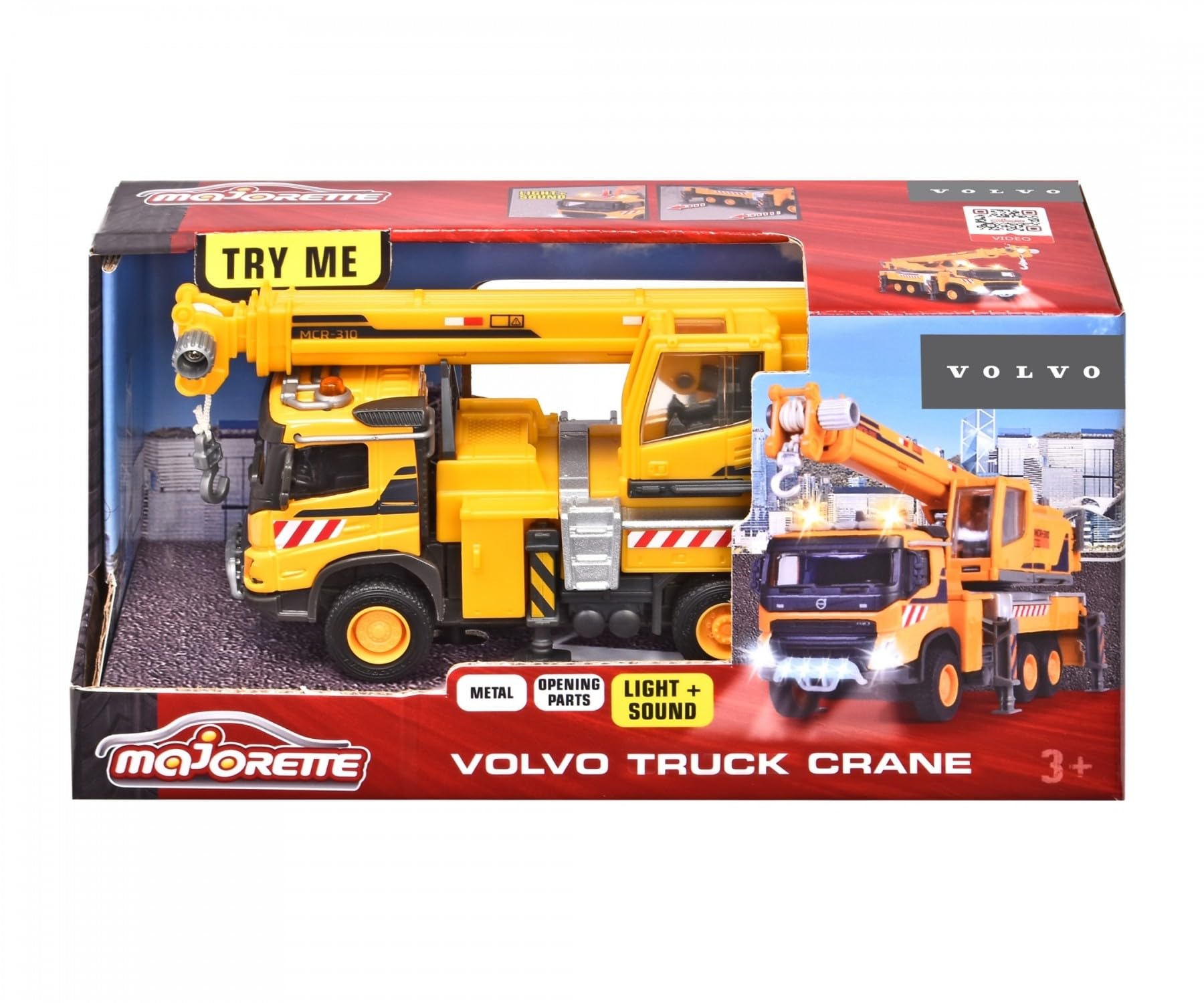 Majorette - Carrozza giocattolo (22 cm) – grande auto Volvo da cantiere con gru estraibile, verricello e ruote in gomma, luce e suono (batterie incluse), per bambini dai 3 anni in su, giallo