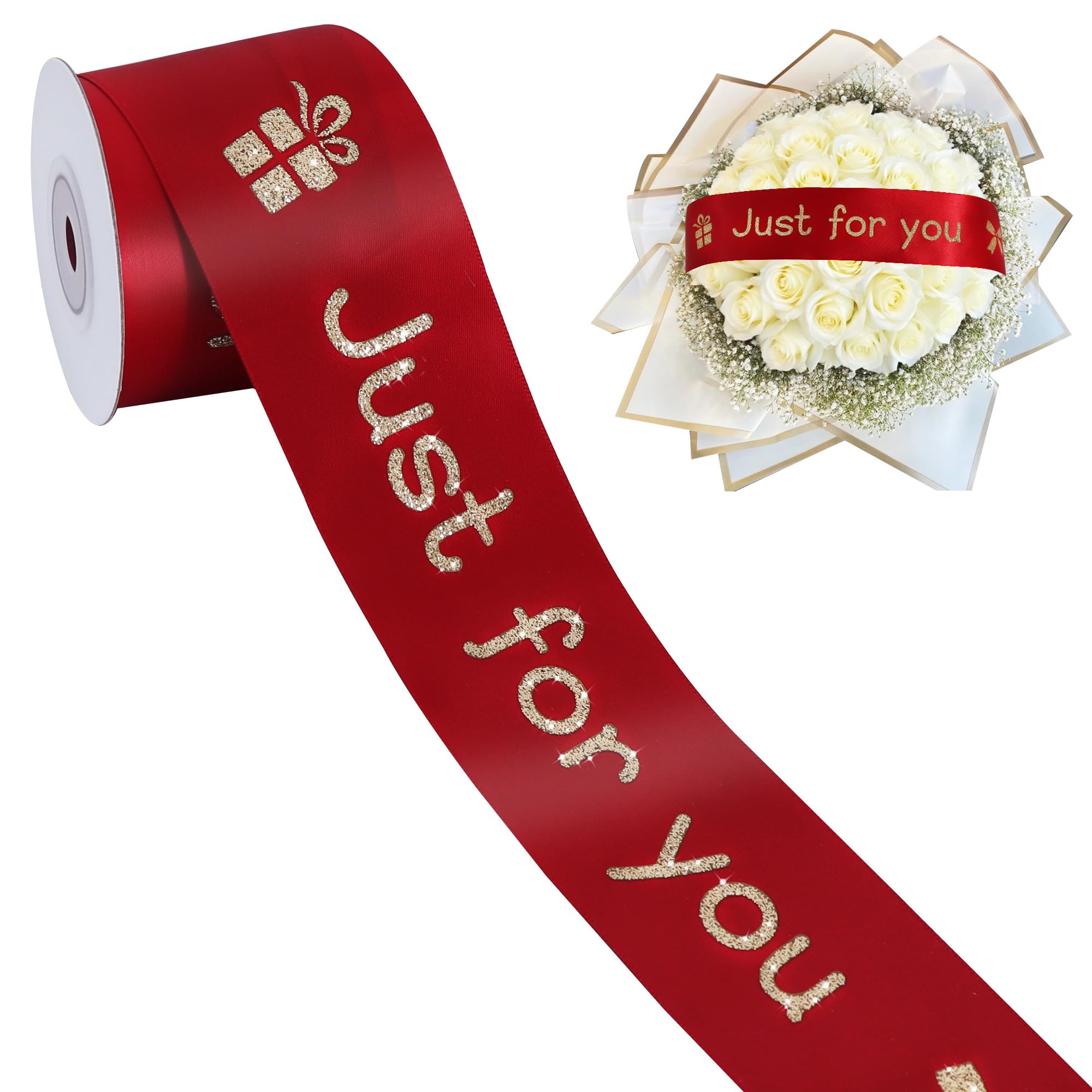 TONIFUL Claret Red Glitter Satin Ribbon Printed Just for You-2 Inch x 10 Yards Claret Ribbon for Gift Wrapping, Floral Bouquet, Crafts, Christmas, Wedding, Birthday, Anniversary, Party Decoration