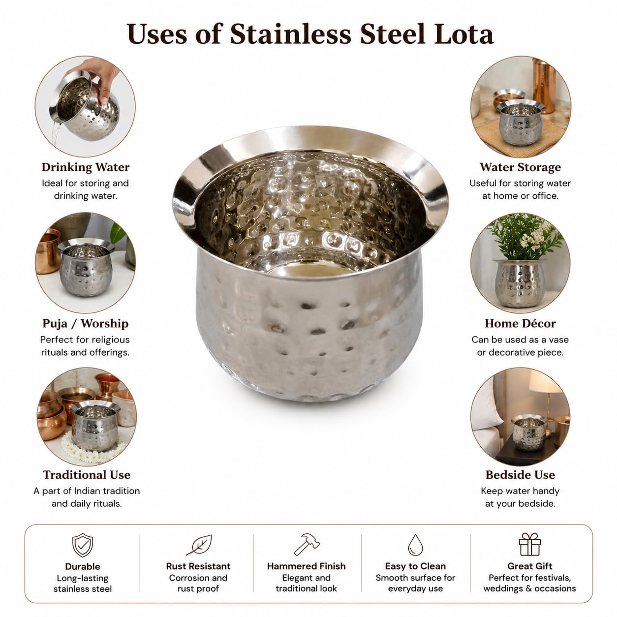 GAFFEL 1Pc Stainless Steel Handi 11cm / Small Lota/Madrasi Handi Small/Chetty/Pot for Storing Water,Milk,Tea,Ghee,Yoghurt(Hammer-Mirror Finish, 500ml) 1