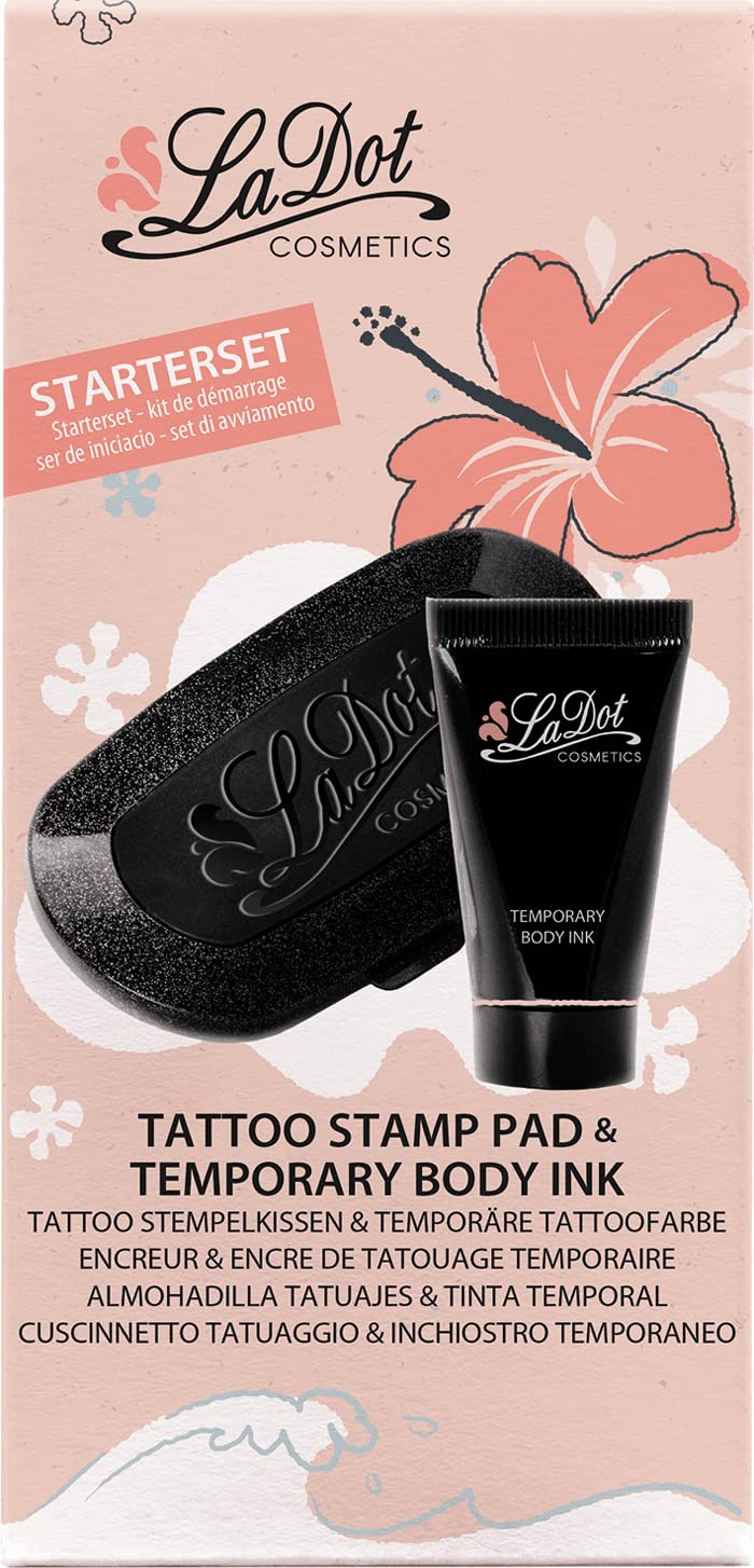 LaDot Tattoo Starter Set - kolor czarny z certyfikatem i pieczątką dla dzieci i dorosłych, tymczasowe sztuczne tatuaże przyjazne dla skóry, tusz do tatuażu na ciało i ramię, wodoodporny, 15 ml