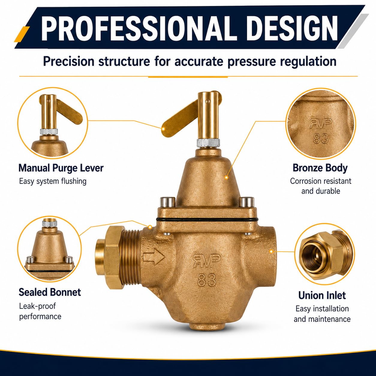 Regulador de presión de agua de alimentación de caldera de alta capacidad de bronce de 1,27 cm – Reemplazo directo para Watts 1156F, B1156F, S1156F – Ajustable 10-25 PSI – Sistemas de