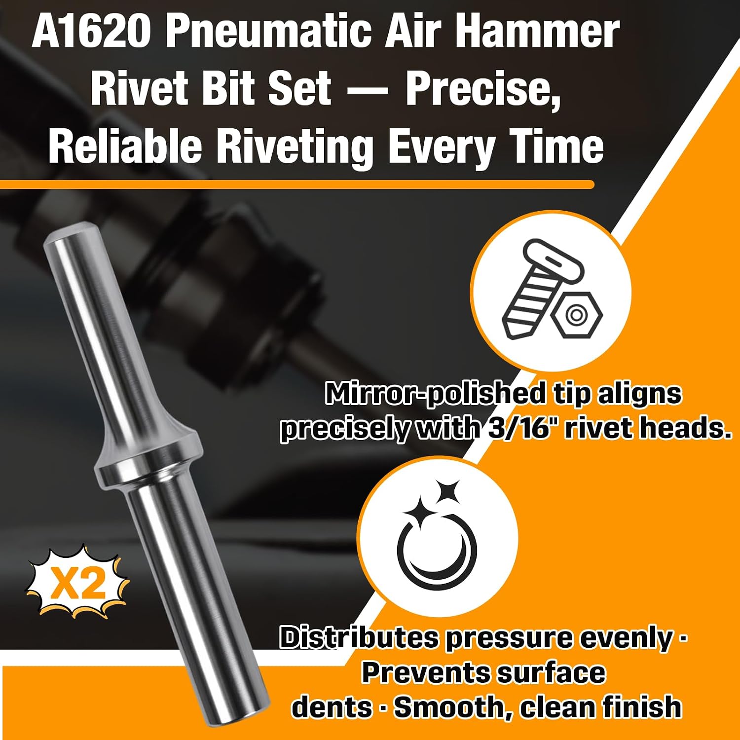 2 Pack A1620 Pneumatic Air Hammer Rivet Bit Set, Solid Rivet Tool Kit for 3/16" Universal, Dome & Brazier Head Rivets, Fits .401" Shank Air Rivet Gun, Aluminum & Steel Applications