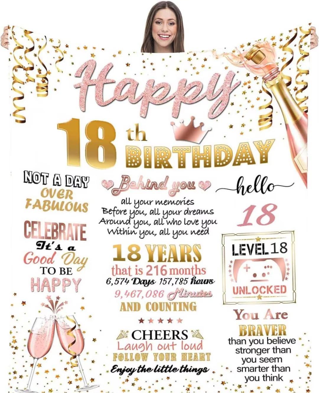 18th Birthday Gifts Blanket for Her, Birthday Gifts for Women Turning 18 Unique, Personalised Birthday Flanell Blanket for Women, Best Friends, Bestie, Sister, Daughter, Niece