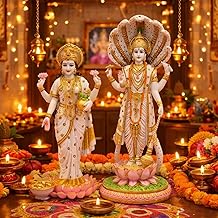 Lord Vishnu & Goddess Lakshmi Idol Set | Marble Look Resin Murti Pair for Home Temple, Pooja Room & Vastu Decoration | Sheshnag Vishnu with Lakshmi Ji Statue for Puja & Spiritual Gift