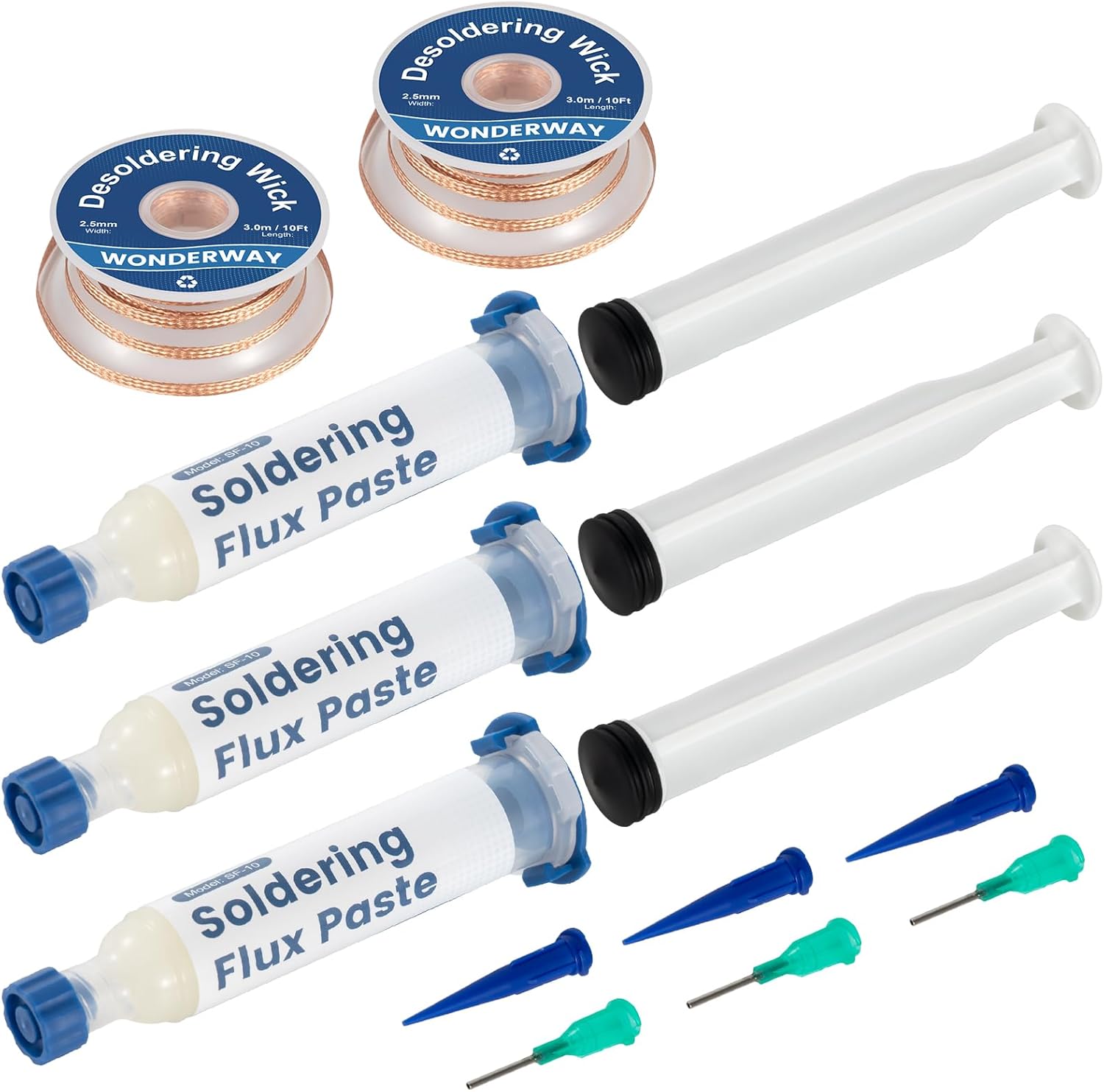 3x10cc Lead-Free No-Clean Solder Flux & 2x10Ft Desoldering Wick(25mm) Electronics Repair Kit for PCB, SMD & Component Soldering