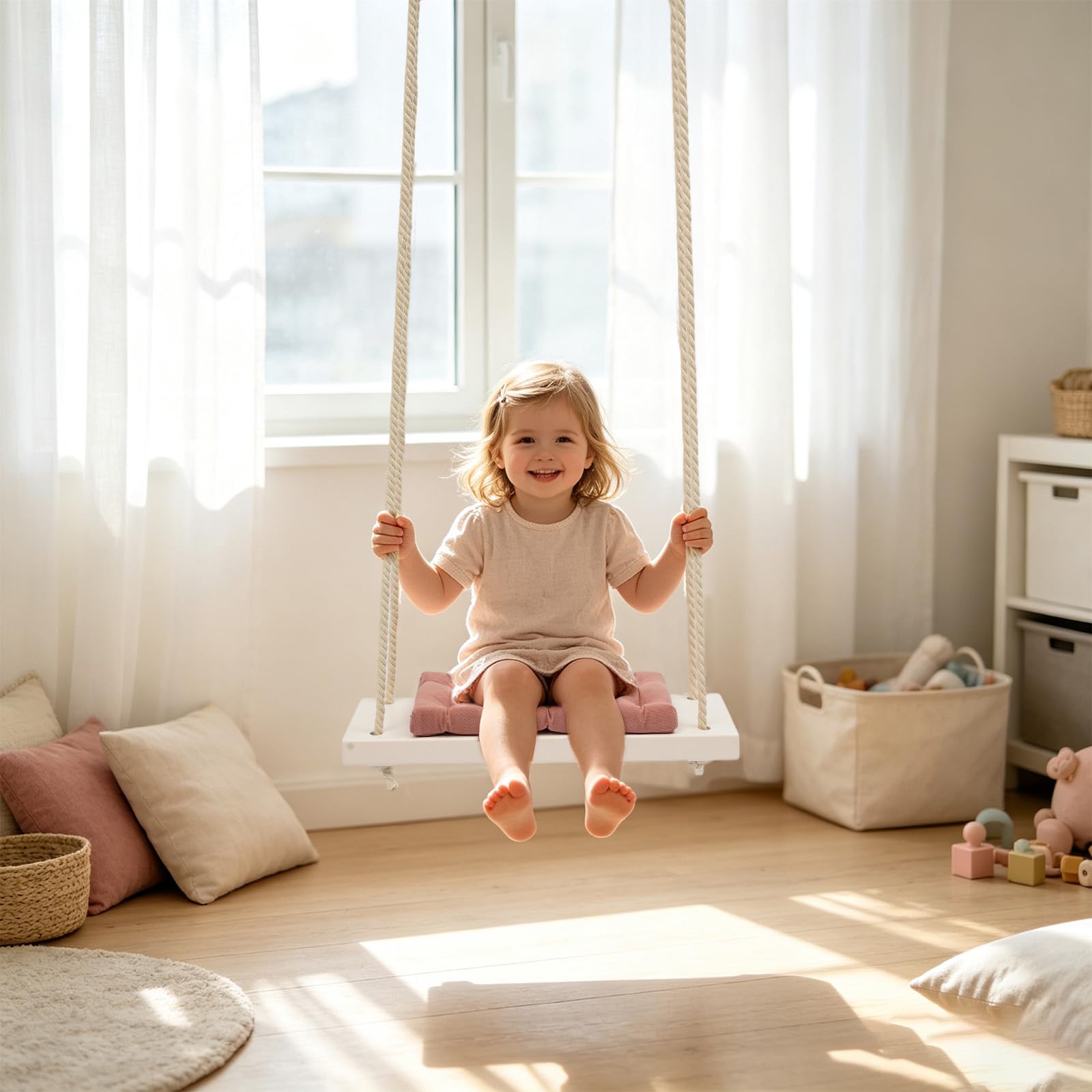Altalena per bambini in legno massiccio con cuscino in schiuma, rosa, fino a 50 kg