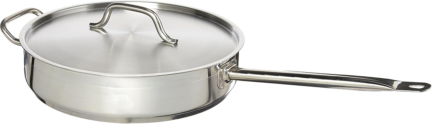 Royal Industries Saute Pan with Helper Handle and Lid, 7 qt, 13.4" x 3" HT, Stainless Steel, Commercial Grade - NSF Certified