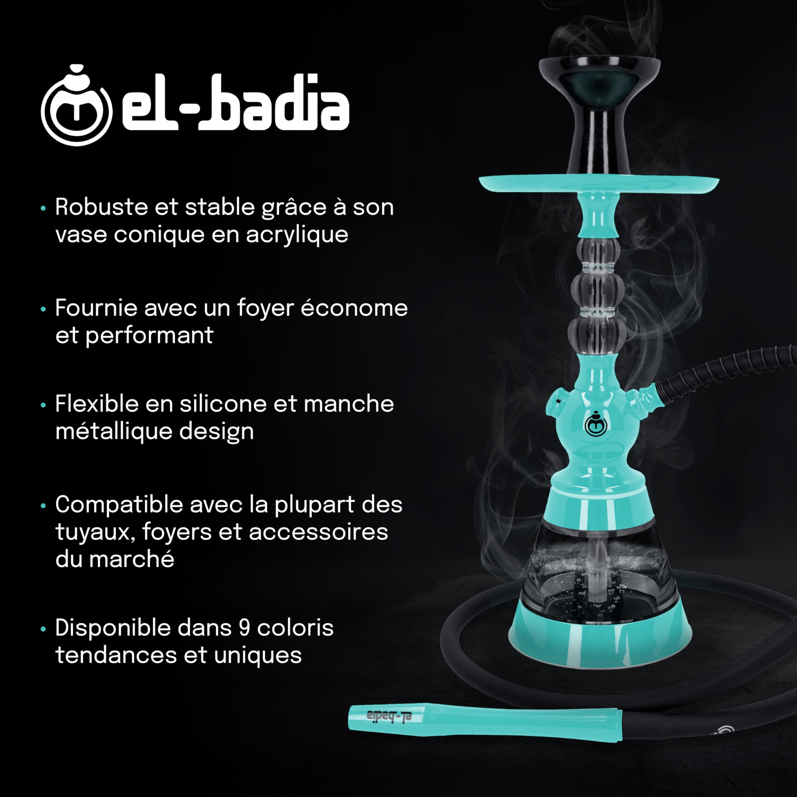 Shisha EL-BADIA CELESTE - 45 cm - Cachimba ligera con jarrón acrílico, manguera de silicona, mango de metal y fooyer Phunnel - Diseño iónico y colores de moda (Mint Green)