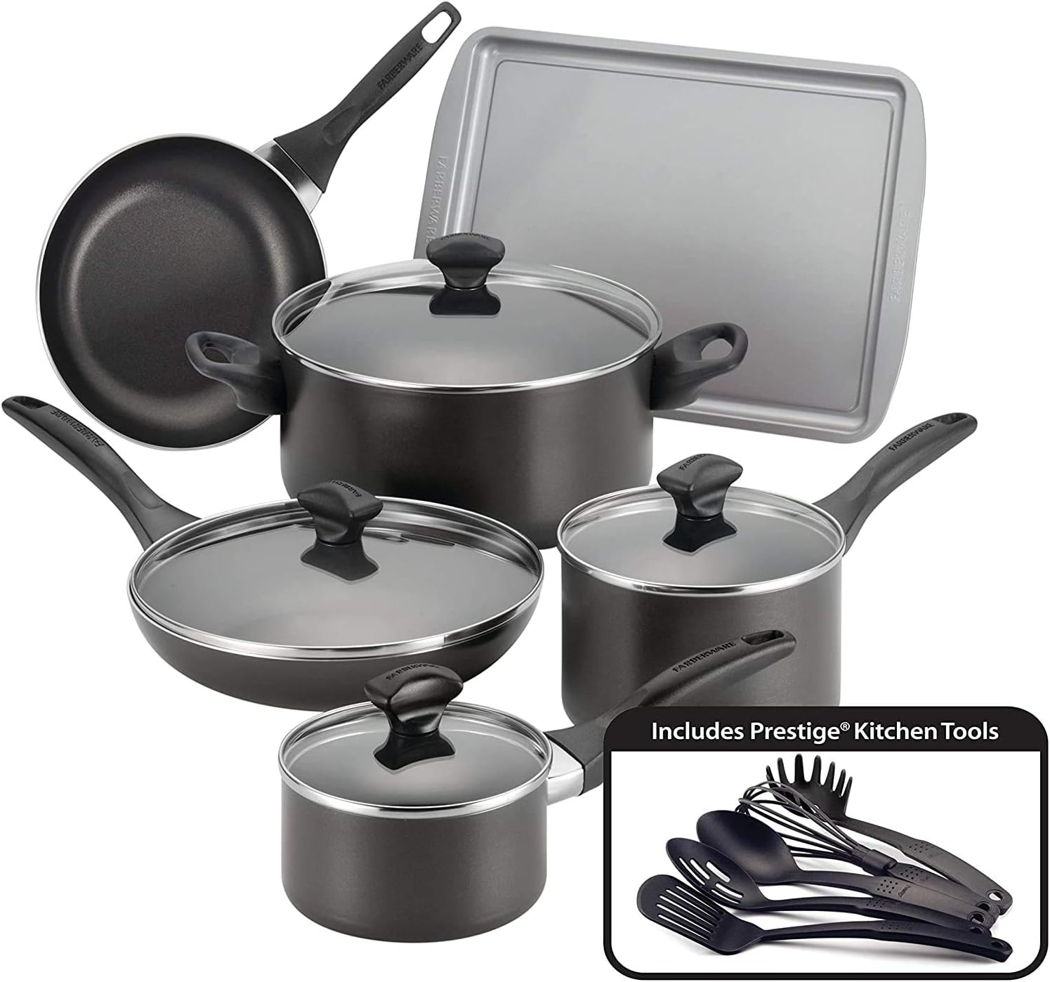 FarberwareDishwasher Safe Nonstick Cookware Pots and Pans Set, 15 Piece, Black,21806