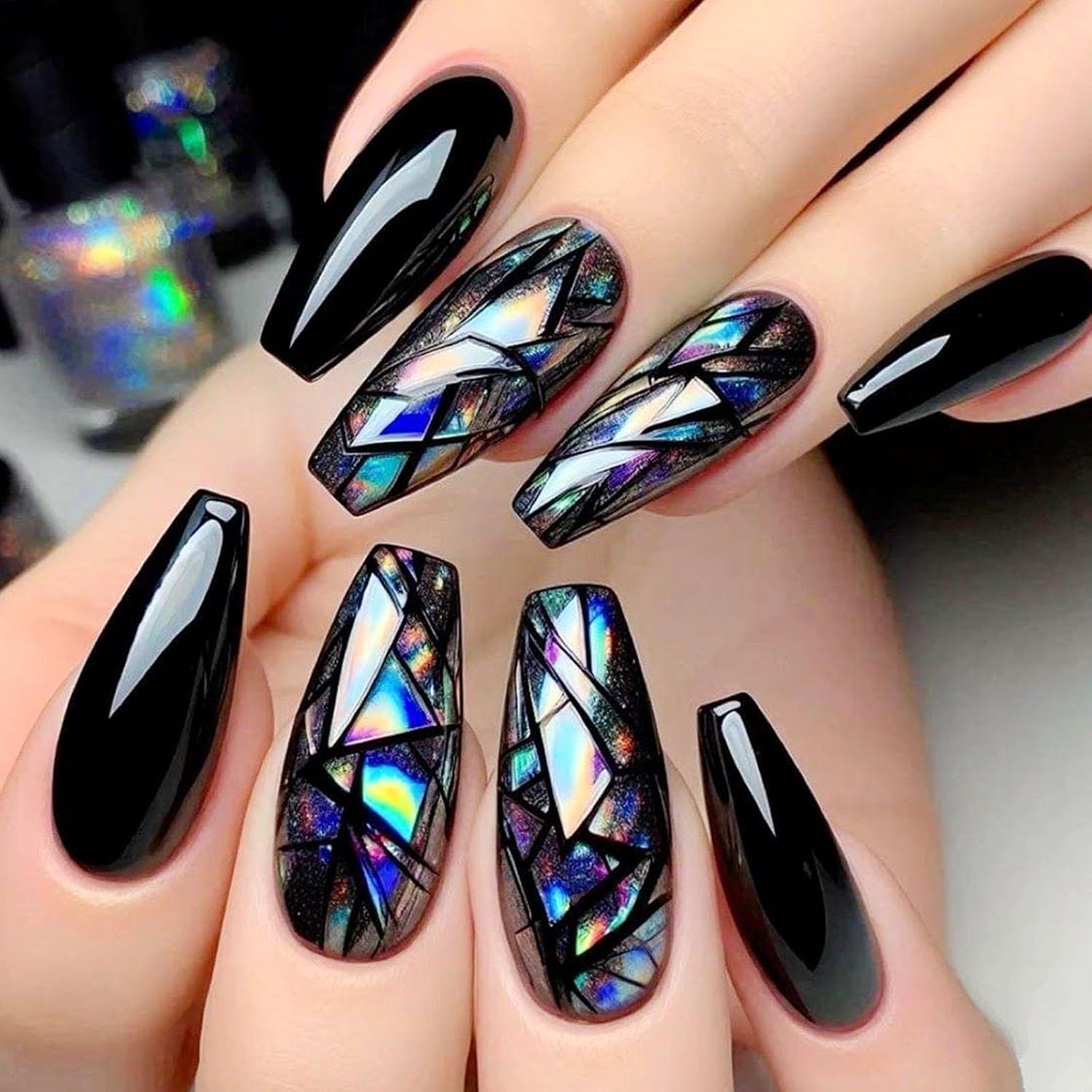 Medium Press on Nails Coffin Fake Nails with Blue Yellow Lines Designs Glossy Nails Press ons Black Full Cover Glue on Nails Acrylic Artificial Stick on Nails for Women 24Pcs