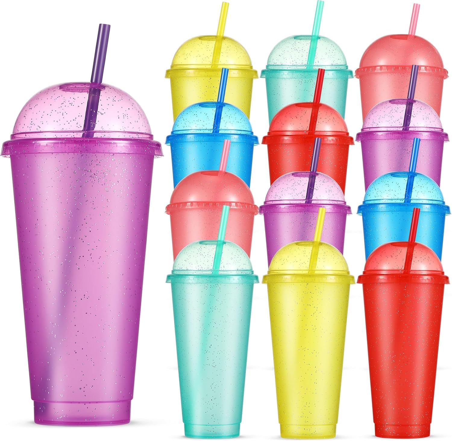 12Pcs 710ml Plastic Tumblers with Dome Lids and Straws, Colorful Gliter Water Cups Reusable Cute Kids Drinking Cup Bulk Travel Mugs Party Tumbler for Iced Drinking Coffee Water (6 Colors)