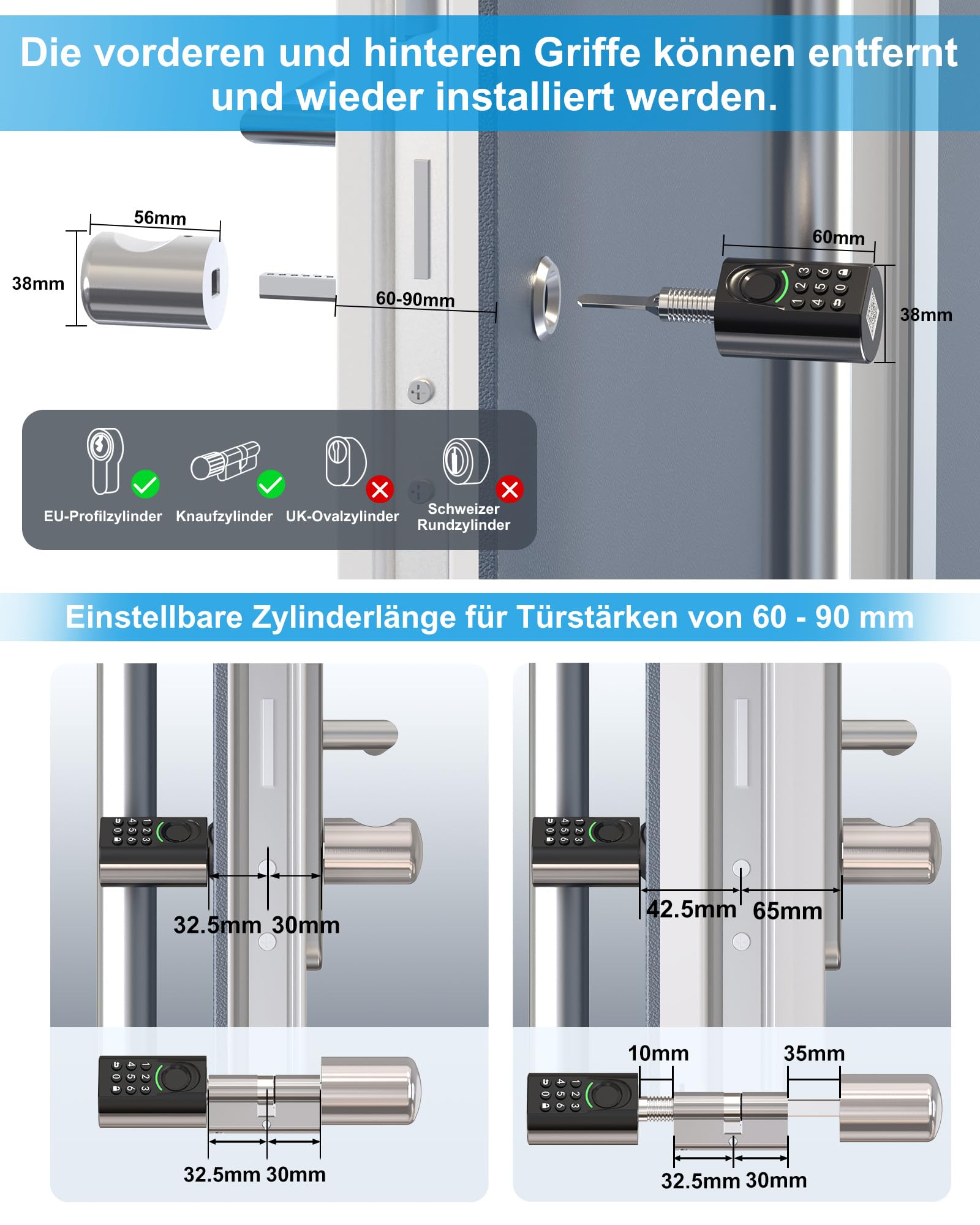 WELOCK ToucA71 Smartes Türschloss Fingerabdruck für EU-Profil Türen | Smartes Türschloss mit Fingerabdruck Passcode, RFID-Karte, APP Mechanischer Schlüssel, IP65 Verstellbar für 50-90mm
