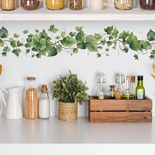 4 calcomanías de pared de vid de hojas verdes, sacinora Green Natural Plants DIY calcomanías de pared de vinilo extraíble para sala de estar,