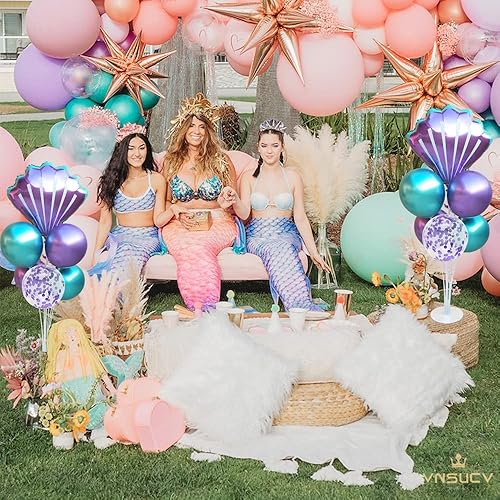 Miniatura 6 de Kit de soporte de globos de mesa de sirena, 2 juegos con 2 globos de aluminio de conchas marinas, 14 globos de látex azul púrpura para cumpleaños,