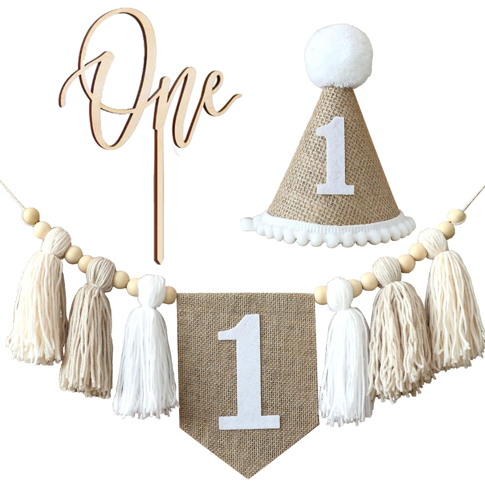 NO.4-169 Handmade Boho 1st Birthday High Chair Banner & Hat Set - Brown Wall Hanging Decor For Baby Girl Shower - View #2