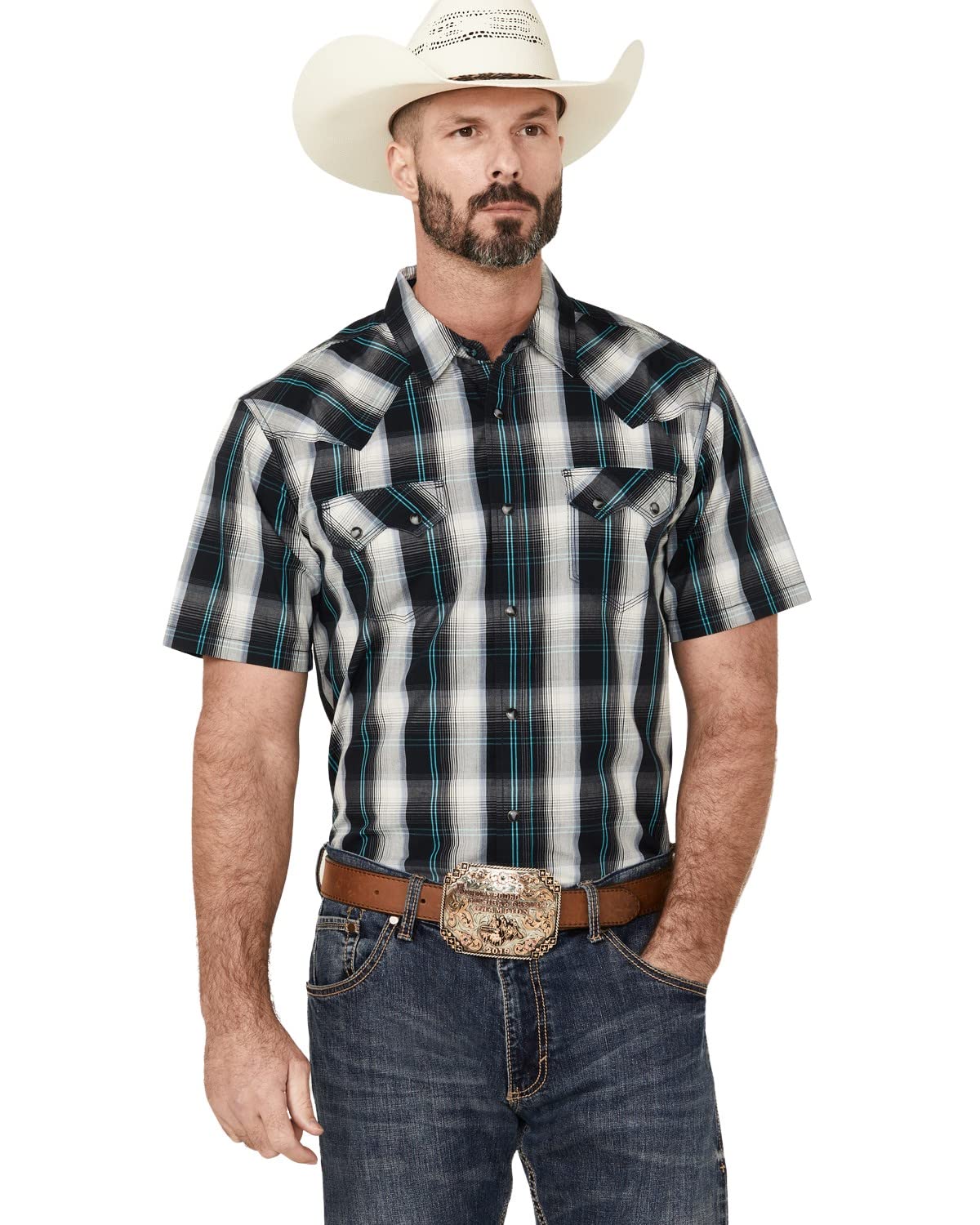 Moonshine SpiritMen's Fire Line Plaid Short Sleeve Snap Western Shirt - MSSP22W3-NVY