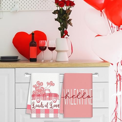 Miniatura 6 de APKPK Juego de 2 toallas de cocina para el Día de San Valentín, 18 x 28 pulgadas, diseño de camión con estampado de corazón, secado a mano, para