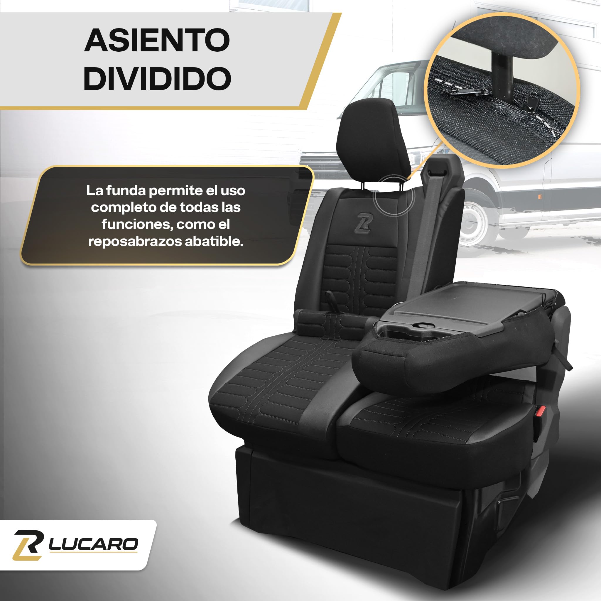 LUCARO Funda de Asiento para Renault Master 4, Nissan Interstar 3, Negro | Accesorio, juego de fundas de asiento, respaldo y asiento divididos, tejido transpirable