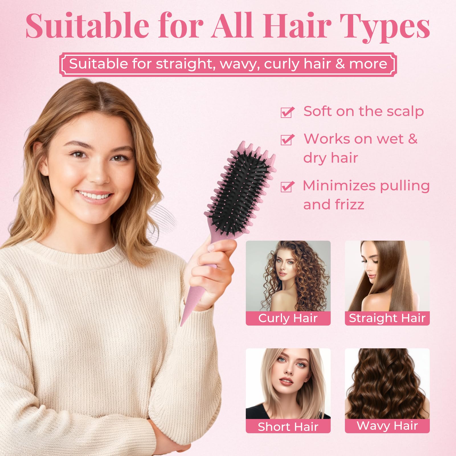 Brosse cheveux bouclés pour boucles définies parfaites - Brosse à friser antistatique avec design d'aération pour cheveux secs et humides - Idéale pour les cheveux bouclés et volume (Rose)