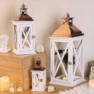 LETINE White Wooden Decorative Lantern Set of 3, Outdoor Waterproof Lanterns for Porch & Patio, Natural Wood Frame & Galvanized Metal Top, Indoor/Outdoor Farmhouse Lantern Decor (S/M/L Sizes)