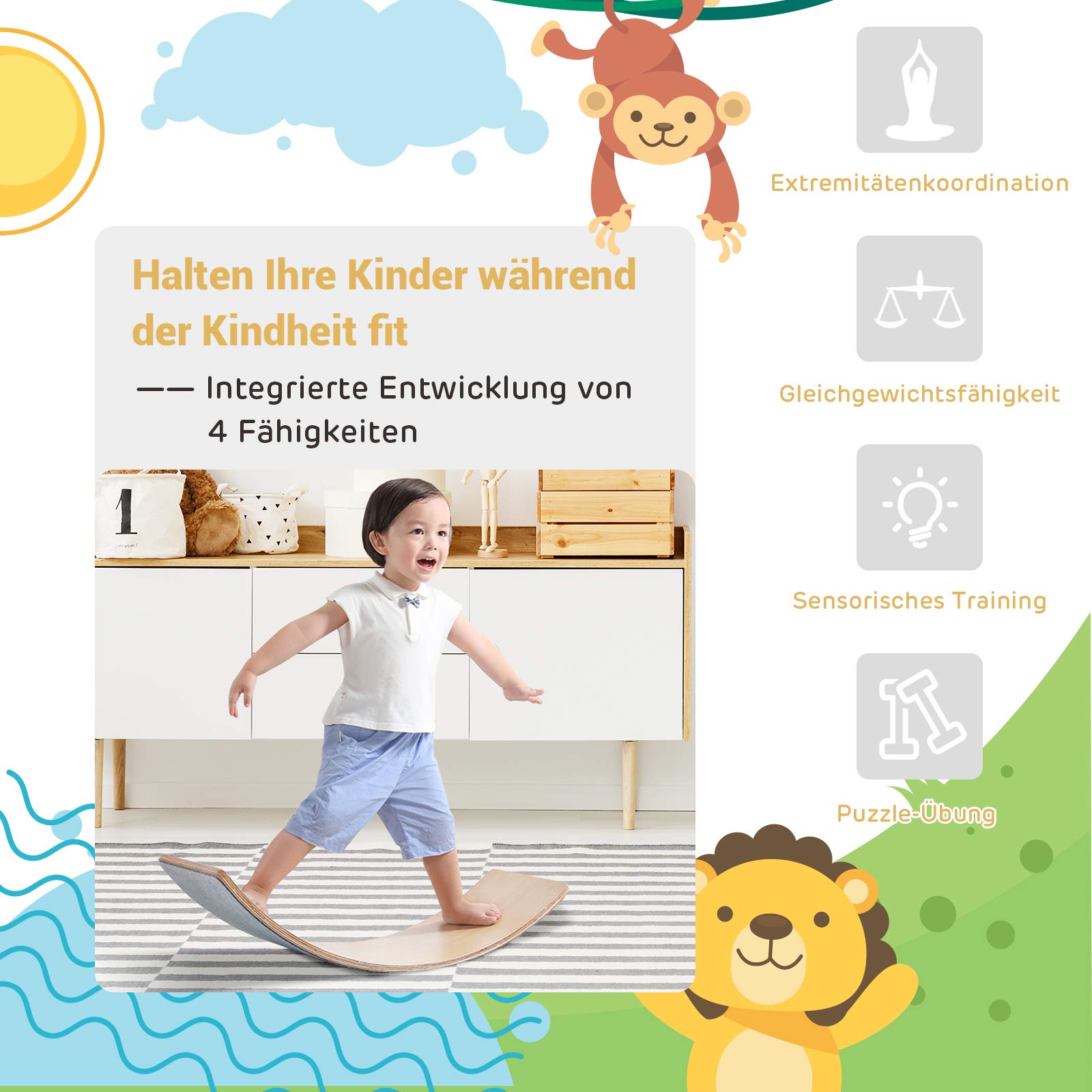 GOPLUS Balance Board Holz, Kurviges Board mit Filzunterseite, Balancierbrett für Kinder und Erwachsene, 90 cm x 40 cm