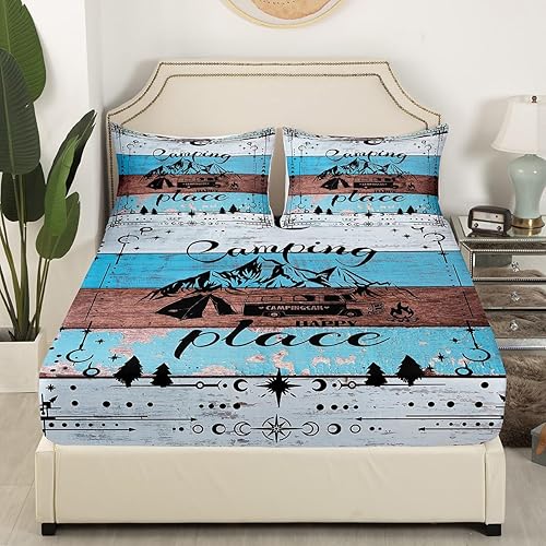 Vista 69 de Camper Decor Sábanas de cama Happy Camping, sábana bajera ajustable de campamento con juego de cama de montaña, juego de cama de verano para Multi 04