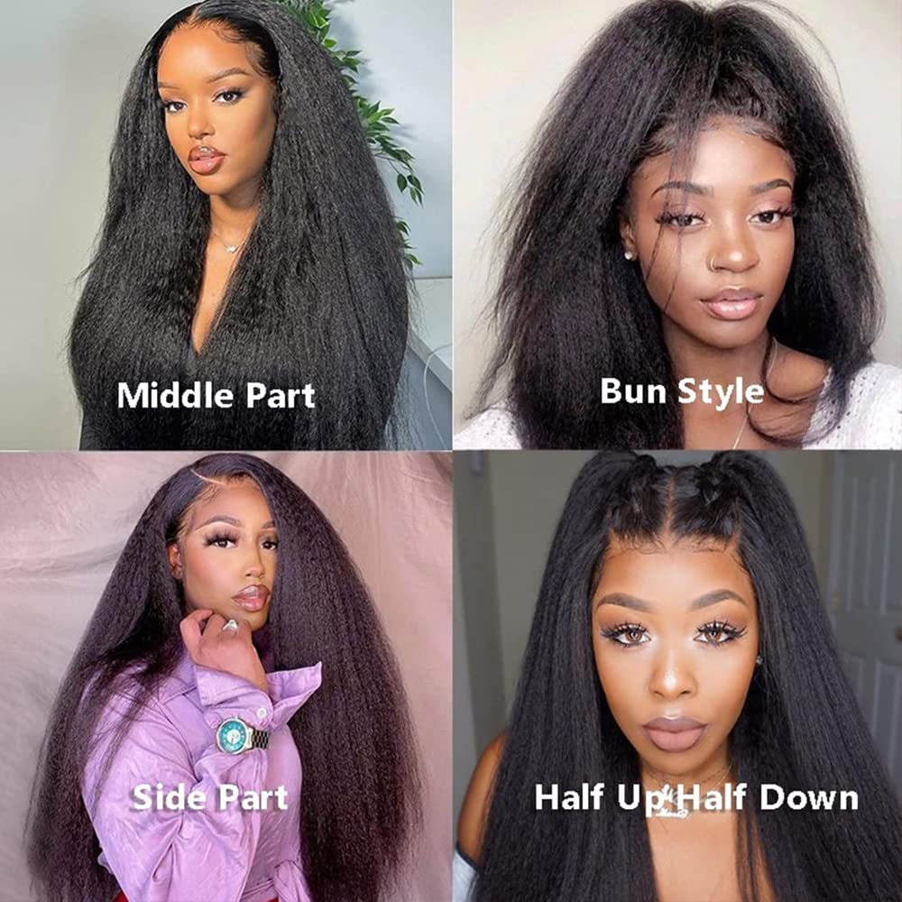 Kinky Straight Wig Yaki Straight Human Hair Wig 24Inch Kinky Straight Human Hair Wig 180 Density Brazilian Lace Front Wig Human Hair Kinky Curly Natural Color
