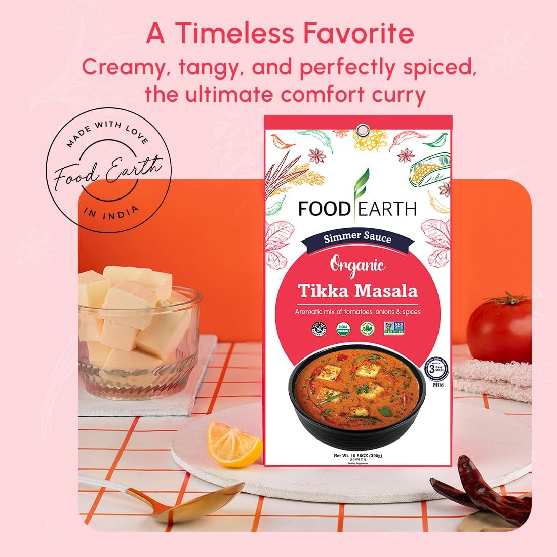 Food Earth Indian Simmer Sauce – Tikka Masala – Organic, Vegan, Gluten-Free, GMO-Free – Microwavable Cooking Sauce – 12 Pouches (5.29 oz Each)