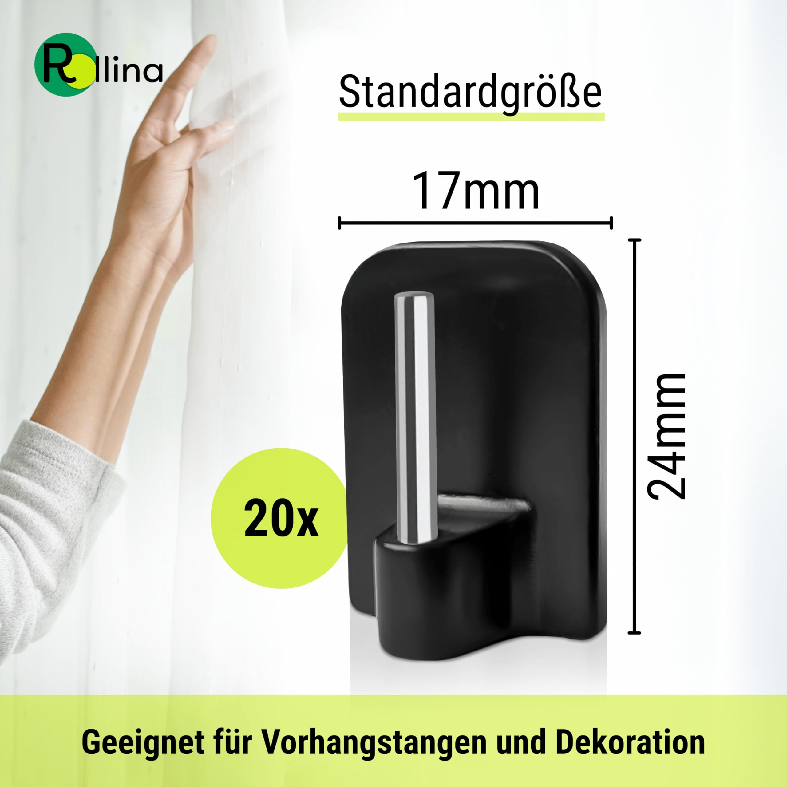 Rollina Klebehaken für Scheibengardinen (20 Stück) | Gardinenhaken für Gardinenstange ohne Bohren | Haken zum Einhängen | Fensterhaken, Gardinenhalter (20, Schwarz)