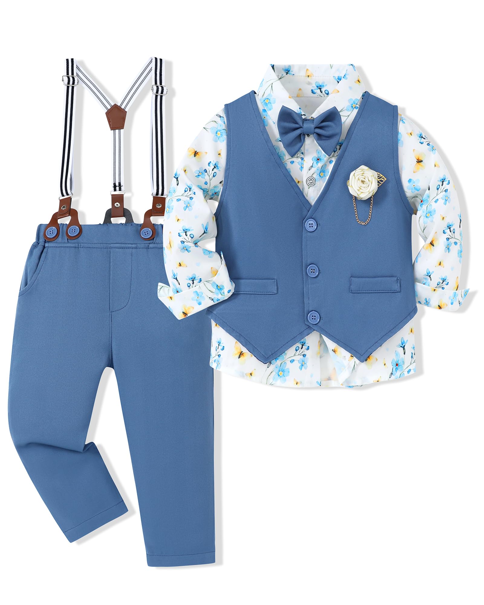 WESIDOM Conjunto de ropa formal para niños pequeños, camisa de vestir + pajarita + chaleco + ojal + pantalones de tirantes para niños
