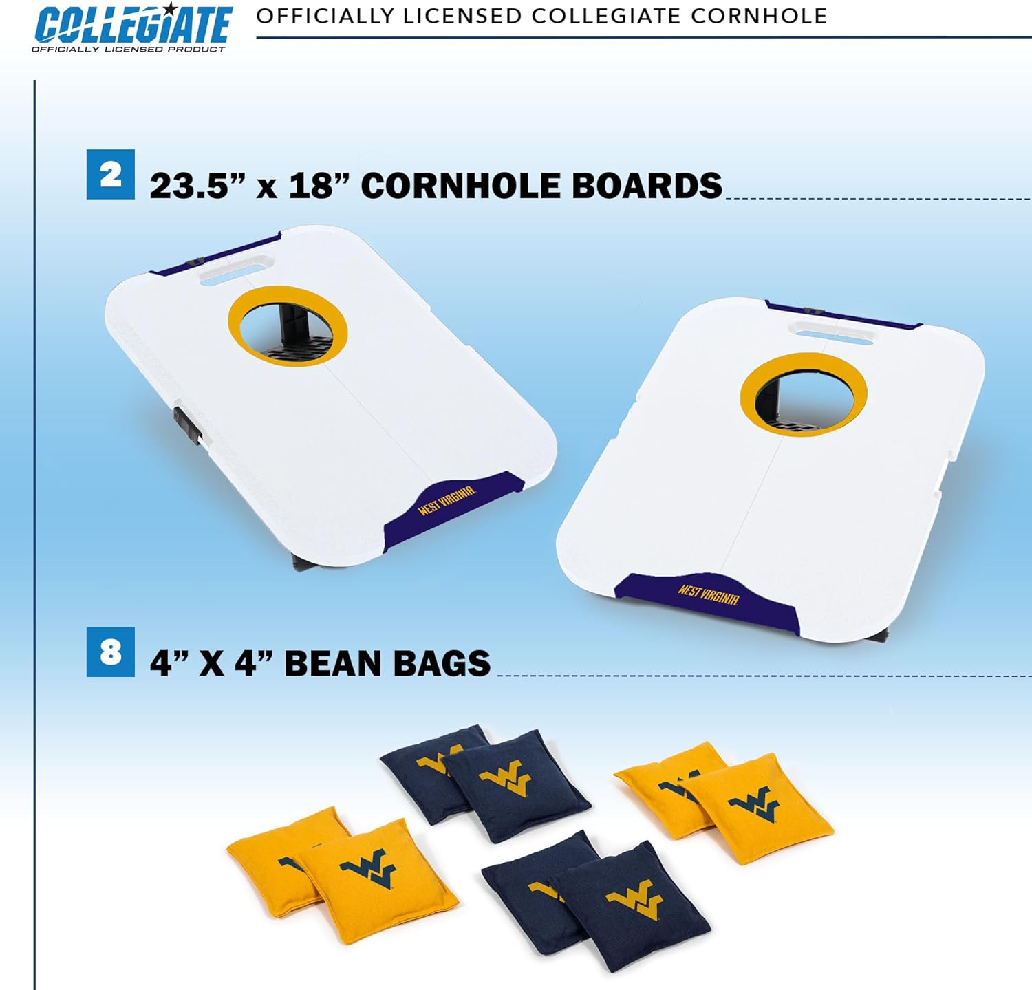 Wild Sports NCAA West Virginia Mountaineers Pro Football All-Weather Cornhole Set - Travel Bean Bag Toss Set Includes 8 Bean Bags