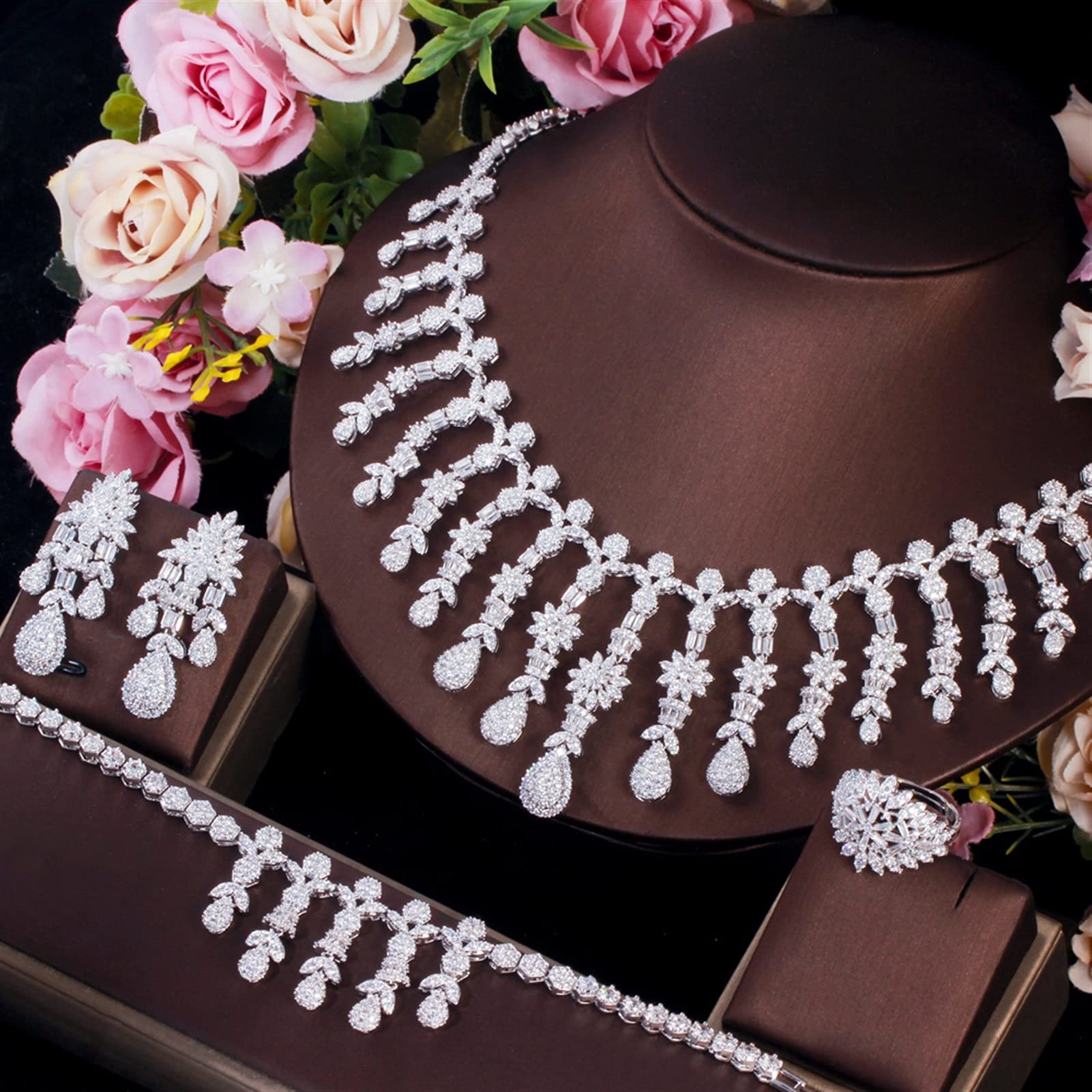 Joyería 4 Uds. Conjunto de joyería Grande de Boda para Mujer de Color Oro Blanco para Novias Ropa de Fiesta
