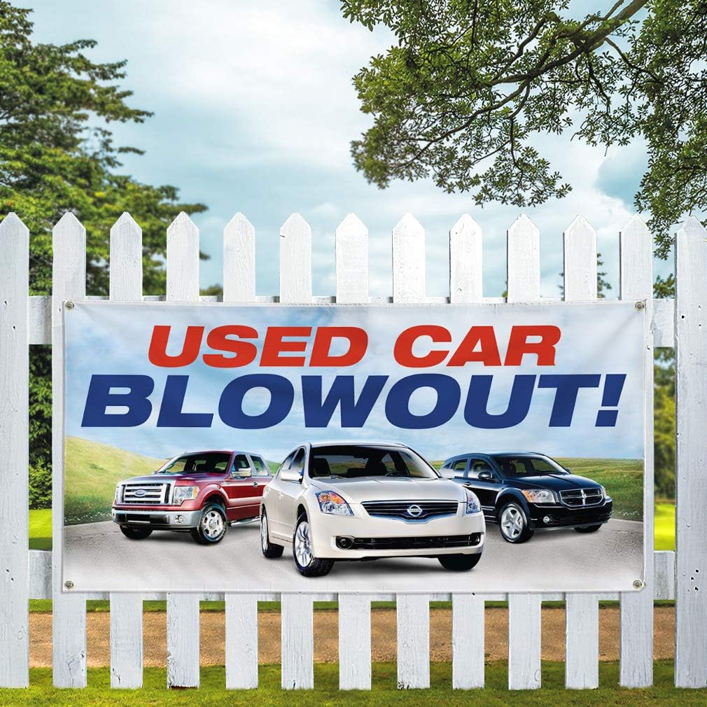 Vinyl Banner Sign Used Car Blowout Auto Car Vehicle Style R Marketing Advertising - 24inx60in, 4 Grommets, One Banner