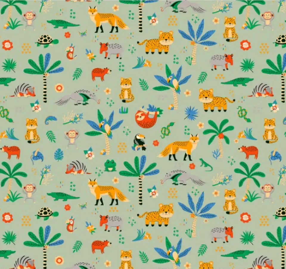 Tecido Tricoline Estampado Pantanal, 100% Algodão, Animais e Plantas, 150cm x 50cm Tecidos Caldeira (Fundo Verde)
