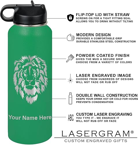 Vista 250 de LaserGram Botella de agua personalizada, palitos de lacrosse, acero inoxidable de doble pared aislada al vacío con popote superior, regalo grabado