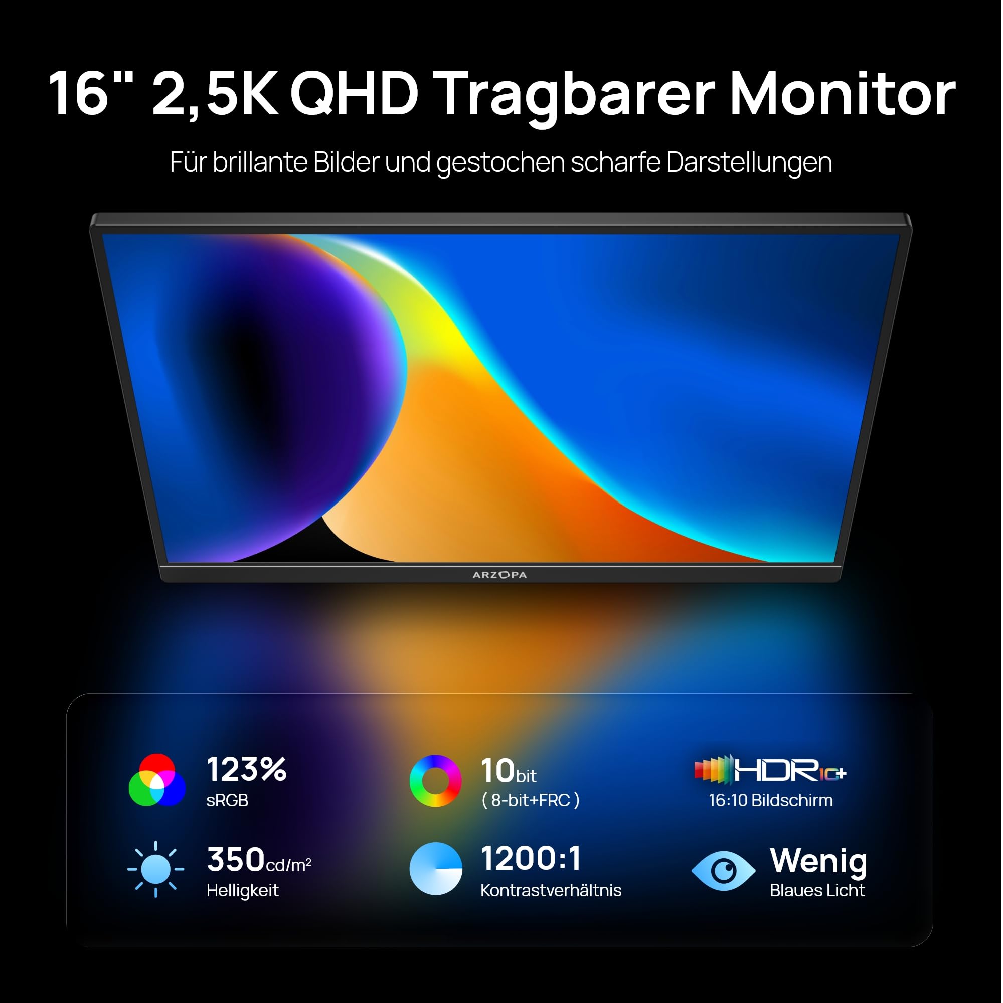 ARZOPA 2.5K Portabeler Monitor, 16 Zoll 2560x1600 HDR 10bit QHD USB-C HDMI Laptop Monitor, 16:10 IPS Augenschutz Externer Zweitbildschirm für Mac PC Phone PS4/5 Xbox Switch