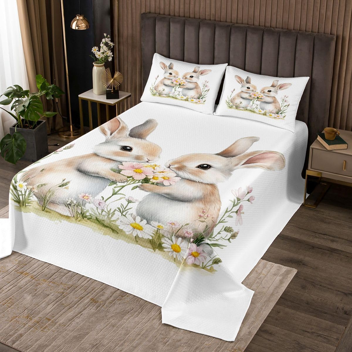 Castle Fairy Cute Bunny Kids Bedspread Twin Size,Daisy Flower Happy Easter Coverlet Set,Girls Boys Room Decor,Cartoon Animal Floral Quilted Coverlet,White Brown Bedding Quilt,1 Pillowcase